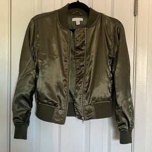 Topshop army green ruched sleeve satin bomber jacket